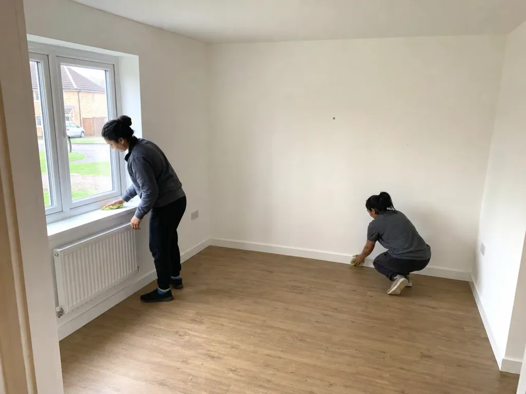 Two of our cleaners at work in an empty Milton Keynes house, one wiping down a window sill and one working along the skirting