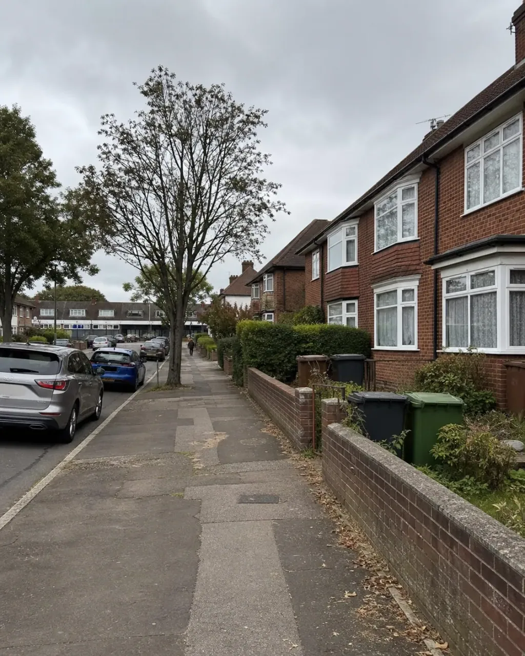 A Bletchley street of interwar brick semi-detached houses with bay windows and front gardens behind low walls, mature trees and cars parked along the kerb